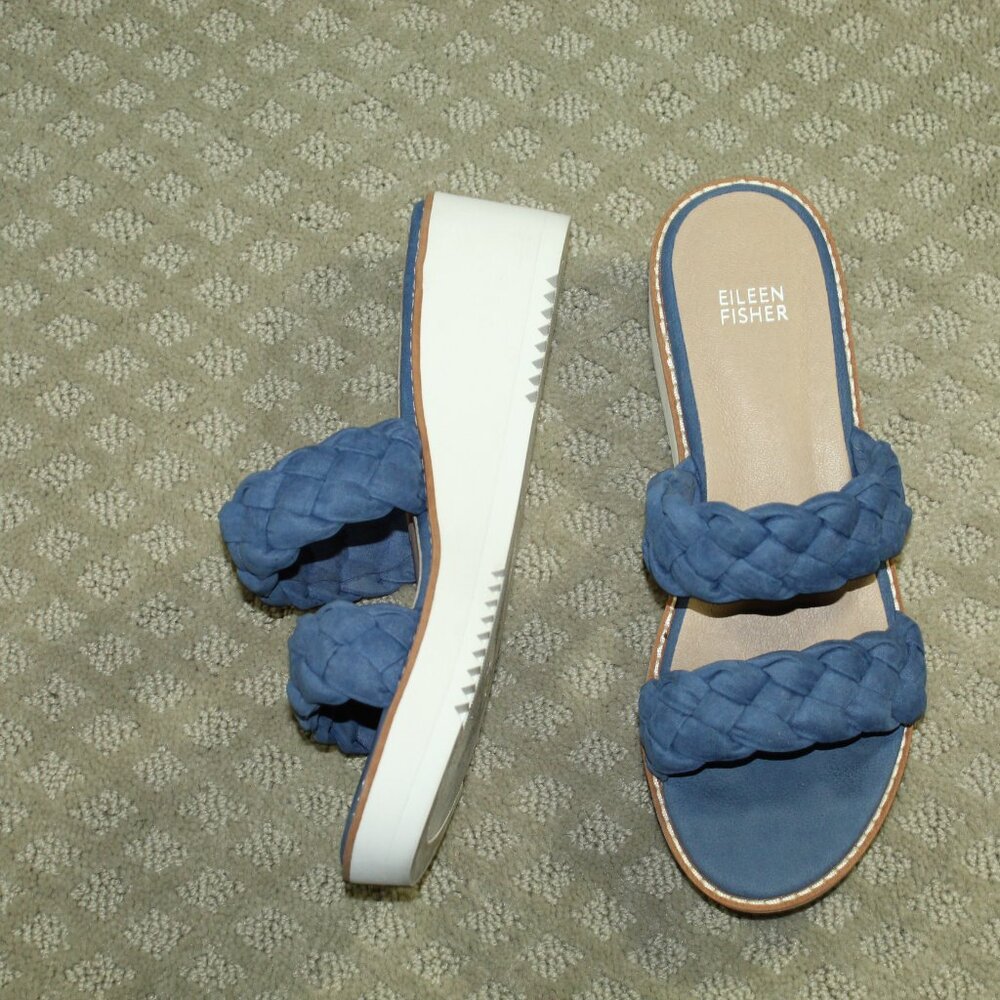 Eileen Fisher Women's 8 Blue Woven Nubuck Two Strap Platform Wedge Sandals